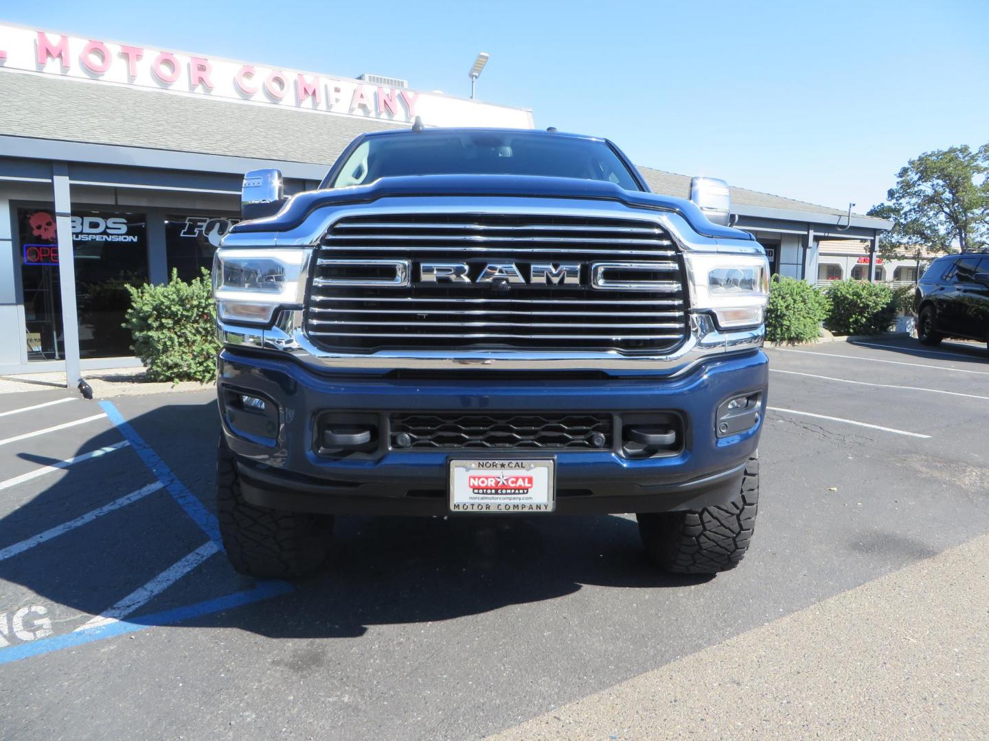 2023 Blue /black RAM 2500 Laramie Crew Cab SWB 4WD (3C6UR5FL9PG) with an 6.7L L6 OHV 24V TURBO DIESEL engine, 6A transmission, located at 2630 Grass Valley Highway, Auburn, CA, 95603, (530) 508-5100, 38.937893, -121.095482 - Laramie sitting on a Zone Offroad 4" suspension system, Fox shocks, 37" Nitto Ridge Grappler tires, and 18" Method Race Wheels. - Photo#1