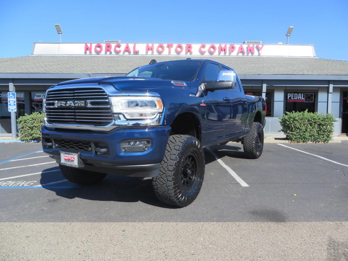 2023 Blue /black RAM 2500 Laramie Crew Cab SWB 4WD (3C6UR5FL9PG) with an 6.7L L6 OHV 24V TURBO DIESEL engine, 6A transmission, located at 2630 Grass Valley Highway, Auburn, CA, 95603, (530) 508-5100, 38.937893, -121.095482 - Laramie sitting on a Zone Offroad 4" suspension system, Fox shocks, 37" Nitto Ridge Grappler tires, and 18" Method Race Wheels. - Photo#0