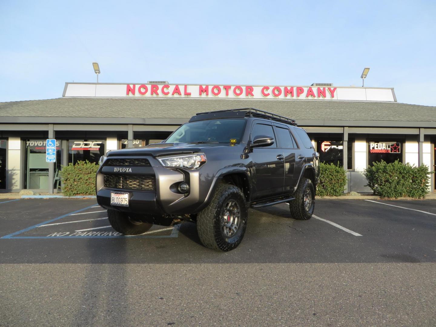 2019 CHARCOAL /BLACK Toyota 4Runner TRD Off-Road Premium 4WD (JTEBU5JR8K5) with an 4.0L V6 DOHC 24V engine, 5A transmission, located at 2630 Grass Valley Highway, Auburn, CA, 95603, (530) 508-5100, 38.937893, -121.095482 - Looking for a 4Runner to start your overlanding adventures? Check out this TRD Off-Road Premium Featuring Dobinson suspension, TRD wheels, Toyo AT tires, Gobi Roof Rack and ladder, Rock Sliders, Baja Designs A pillar lights, C4 Skid Plate, Bug Guards, AVS window vetn visors, ICS dash mount, CB, Spri - Photo#0